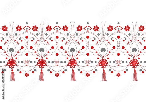 Red and gray chinese knot border pattern with tassels