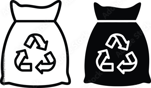Two bags with recycling symbols, one outlined and one solid black, representing waste management and environmental sustainability.