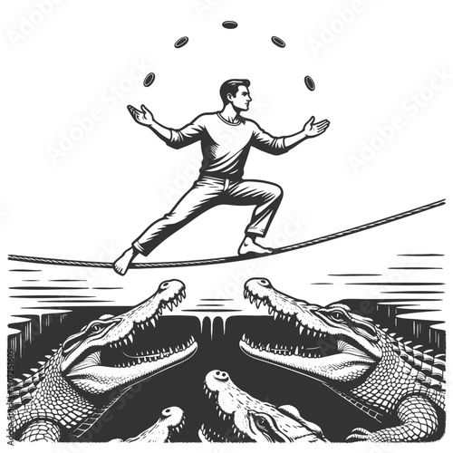 man walking a tightrope over crocodiles while juggling coins, symbolizing financial risk and balance sketch engraving generative ai vector illustration. Scratch board imitation. Black and white image.