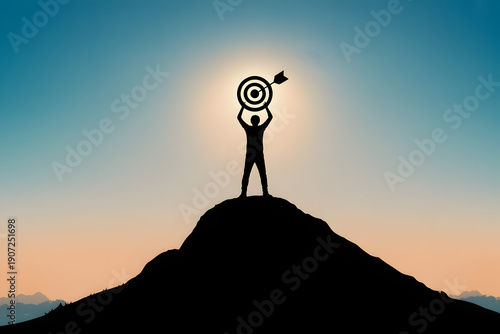 Silhouette of man holding target with arrow on top of mountain at sunset  success and achievement concept