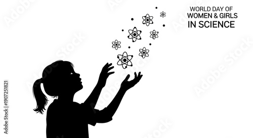 Black silhouette illustration of a little girl releasing snowflakes on World Day of Women and Girls in Science with a simple design on a white background.