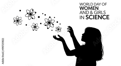 Black silhouette of a little girl releasing atoms on World Day of Women and Girls in Science with a simple design.