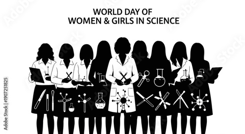 Black silhouette illustration of women and girls in science, featuring a female scientist and little girl among a group of people with lab coats and science equipment on World Day of Woman