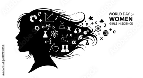 Black silhouette illustration of a woman's head with science symbols emerging from her hair, celebrating World Day of Women and Girls in Science in a simple design.
