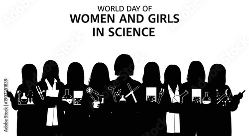 Black silhouette illustration of women and girls in science on World Day of Woman and Girls in Science with a design for an event or icon.