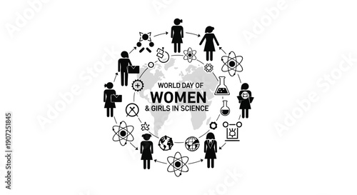 Black silhouette illustration of people celebrating World Day of Woman and Girls in Science with a female scientist and little girl surrounded by science icons and flowers on a white