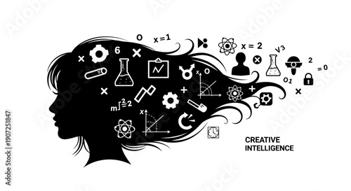Black silhouette illustration of a woman's head with science and math symbols and objects emerging from her hair, representing World Day of Woman and Girls in Science.