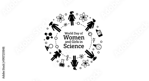 Black silhouette illustration of World Day of Woman and Girls in Science, featuring a little girl and female scientist icons in a circular design.