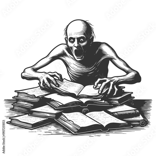 skeletal figure hunched over a towering stack of books, symbolizing obsessive pursuit of knowledge sketch engraving generative ai vector illustration. Scratch board imitation. Black and white image.