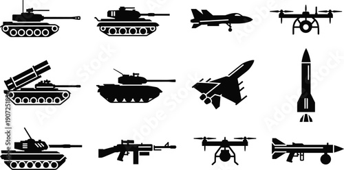 Set of 12 military silhouette icons showing tanks, jet aircraft, drones, missiles, rocket launchers, and assault rifle designs