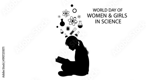 Black silhouette illustration of a little girl sitting and thinking surrounded by science symbols on World Day of Woman and Girls in Science.