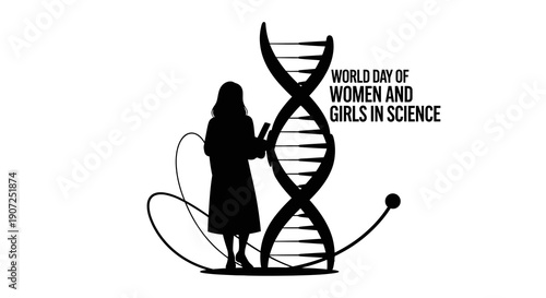 Black silhouette illustration of a little girl and a female scientist standing next to a DNA double helix on World Day of Women and Girls in Science with a simple design.
