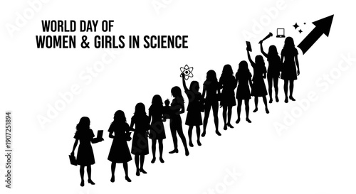 Black silhouette illustration of women and girls in science on World Day, featuring a little girl and female scientist figures with an upward arrow, on a white background with a design