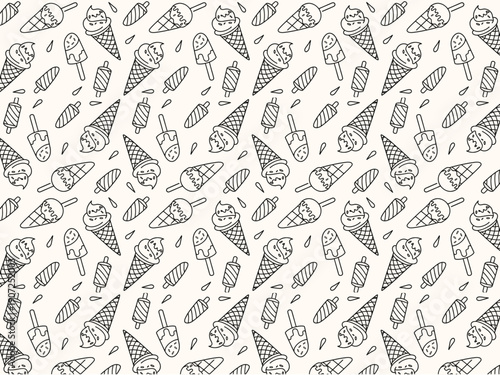 Whimsical black line art pattern featuring a delightful assortment of ice cream cones and popsicles, perfect for summer themes