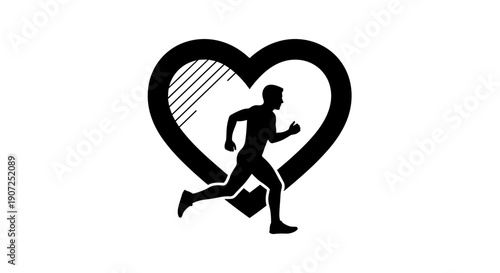 Silhouette of a male runner sprinting through a stylized heart shape with diagonal stripes symbolizing cardiovascular health
