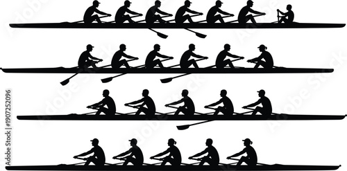 Set of 4 rowing team silhouette icons showing crew variations with eight, four, and two rowers plus coxswain arrangements