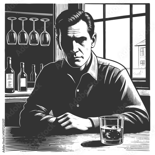 solitary man in a fedora sitting at a bar, with a mysterious figure silhouetted in the window sketch engraving generative ai vector illustration. Scratch board imitation. Black and white image.