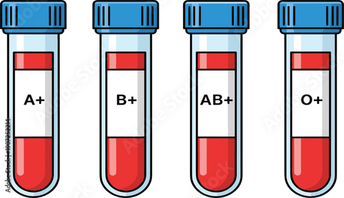 Blood Test Tubes Vector Illustration Set with A Positive B Positive AB Positive and O Positive Types Medical Research Icons