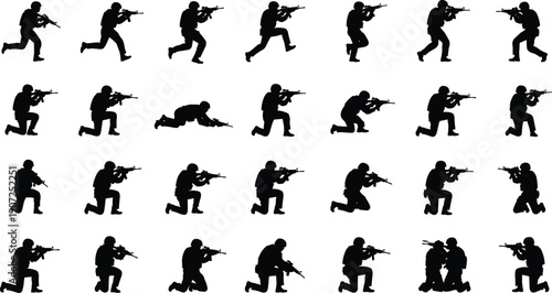 Black Silhouette Illustration of Thirty Armed Soldiers Depicting Tactical Poses, Combat Stances, Military Training, and Warfare Concept