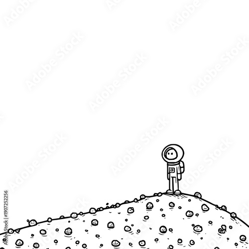 Astronaut standing alone on rocky hilltop with cratered surface minimalist black and white illustration simple space exploration concept art