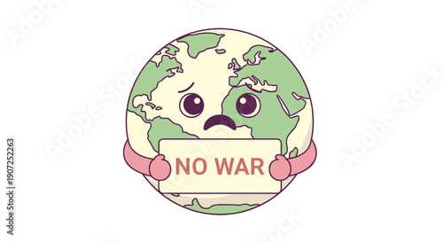 Sad earth planet character holding a 'no war' sign with a pleading expression symbolizing peace and global harmony digital