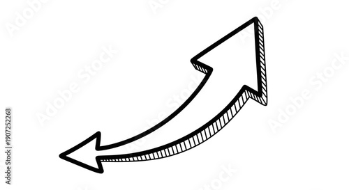 Hand drawn arrow pointing upwards and curving to the right representing growth progress and positive direction with a sketchy