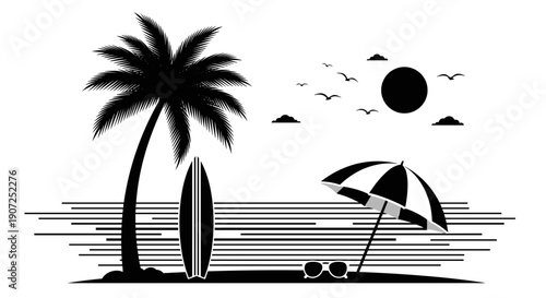 Silhouette of a serene tropical beach scene at sunset with a palm tree surfboard and umbrella evoking vacation and relaxation