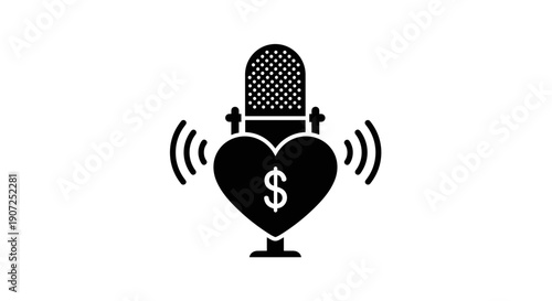 Heart shaped microphone with dollar sign broadcasts sound waves symbolizing podcasting for profit monetization and financial