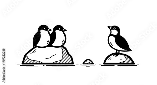 Charming hand drawn vector illustration of three adorable cartoon penguins two huddled together on a rock one standing apart