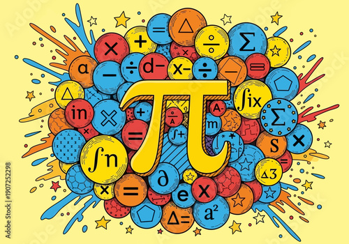 Pi symbol surrounded by colorful math symbols and icons
