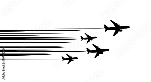Formation of five commercial airplanes flying in silhouette against a stark white background with dynamic black motion trails