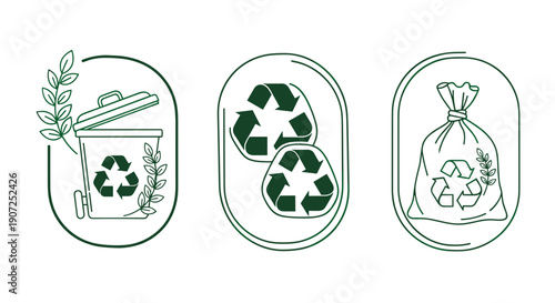 Recycling symbol icons in hand drawn outline style with green leaves trash bin and full garbage bag representing eco friendly