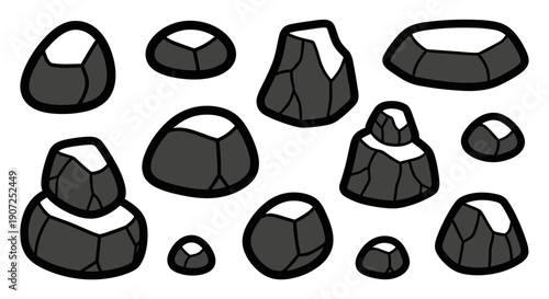 Collection of diverse grey rocks and stones with faceted surfaces and subtle highlights set against a clean white background