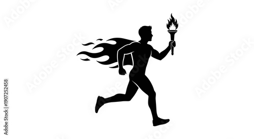 Silhouette of a determined male runner carrying a flaming torch with a cape flowing dramatically behind him symbolizing victory