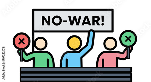 Peaceful protestors holding 'no war' banner and signs with red and green crosses advocating for peace and diplomacy