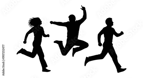 Dynamic silhouettes of three people joyfully running and jumping in unison captured in a mid air leap against a clean white