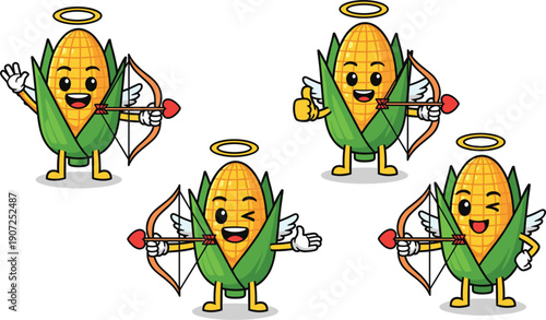 Cupid Corn Cartoon Character Set with Angel Wings Halo and Bow and Arrow Cute Sweetcorn Mascot for Valentine Day Illustration