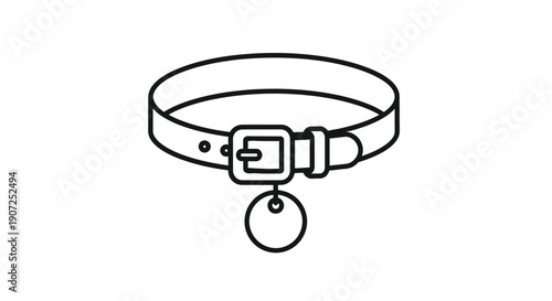 Simple line drawing depicting a dog collar with a buckle and tag