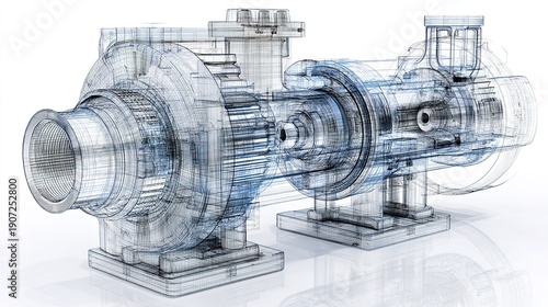 3D model of a water pump showing detailed design and structure in transparent view for engineering analysis and study