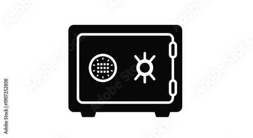 Simple black and white icon of a closed safe with a dial lock