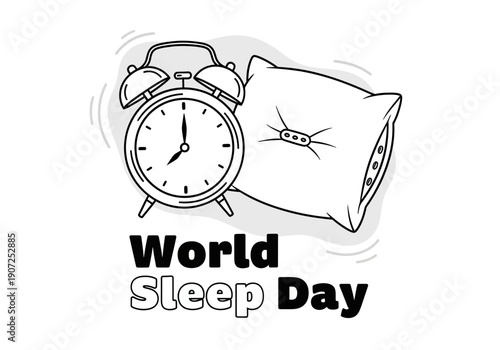 World sleep day alarm clock and pillow outline illustration