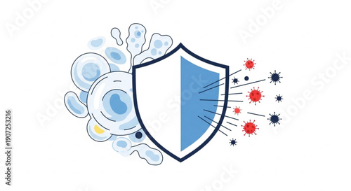 Shield protecting healthy cells from viruses and bacteria, illustrating robust immune system defense, health, and disease prevention