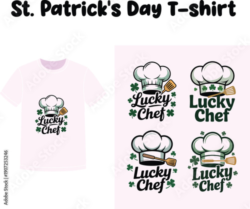 StPatricksDaythemed tshirt design featuring lucky chef graphics in various styles with shamrocks and cooking utensils