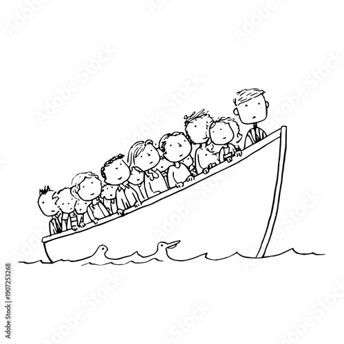 Overcrowded boat with diverse group of people sailing through rough waters simple black and white illustration symbolizing migration and teamwork