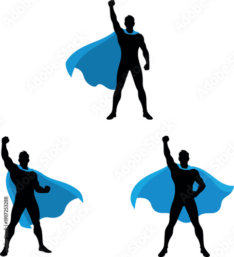 Dynamic superhero silhouettes with blue capes and raised fists isolated on transparent background ideal for graphic design and illustration projects