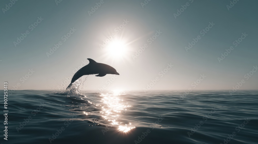 Naklejka premium Dolphin Silhouette Jumping in Vast Ocean During Bright Sunny Day Ideal for Raising Awareness About Marine Life Conservation