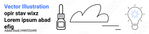 Cloud computing, innovation, technology, creativity, ideas, digital tools. Outline of a dropper bottle, cloud and lightbulb with gear detail. Cloud computing and innovation concept