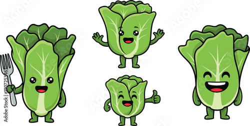 Cute Lettuce Cartoon Characters Vector Illustration Set with Happy Faces Healthy Green Cabbage Mascot Holding Fork Isolated