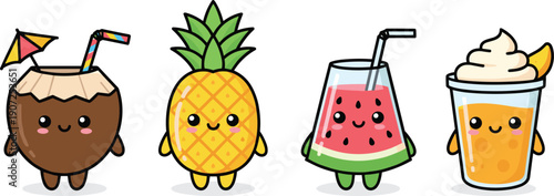 Cute Summer Drink and Fruit Cartoon Characters Vector Illustration Set with Coconut Pineapple Watermelon and Mango Smoothie