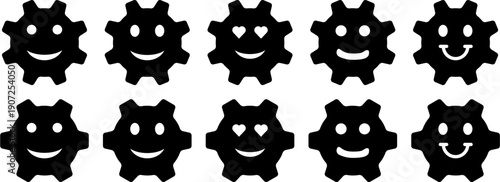 Icon set of black gears with smiley faces. Cog wheels with six and eight teeth and various smiling faces. Collection of vector gear emoji icons. 